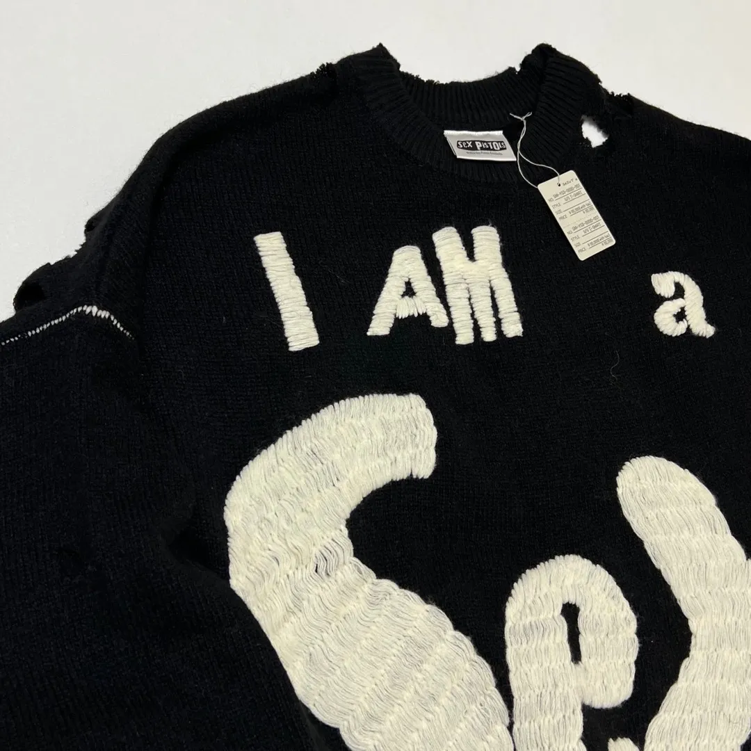 SAINT Mxxxxxx × Sex Pistols SP_CREW KNT/IAMA/BLK SEX PISTOLS band joint model destroyed hand-embroidered sweater, black S-XL, original 85% wool/15% polyester fiber blend, super complex front and rear panels, large-area hand-embroidery, hand-cut destruction treatment, custom-made correct joint main mark/wash mark